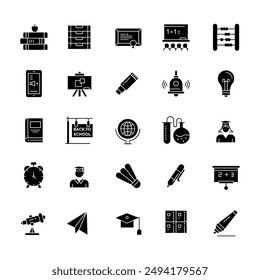 School icon set. Educational signs. Consisting of books, classes, lockers, blackboards, stationery, graduations, tables, research, etc. Contains Education and knowledge symbols.
