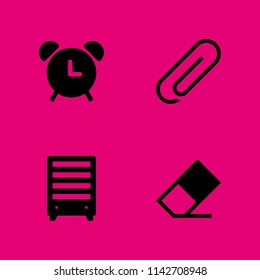 school icon set. eraser, bookshelf and alarm vector icon for graphic design and web