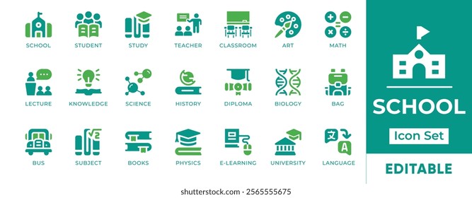 School Icon Set. Features editable icons for school symbols, education, learning, e-learning, university, language, and more. Perfect for educational websites, schools, and educational institutions.