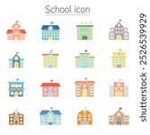 School icon set in flat color style