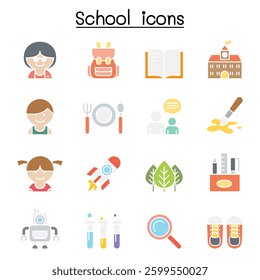 School icon set in flat color style