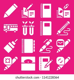 school icon set. With glue, open book and bus  vector icons for graphic design and web