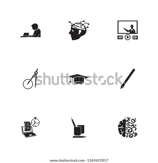 School icon set and graduation cap with pencil\
stand, online test, geometry. Webinar related school icon vector\
for web UI logo design.