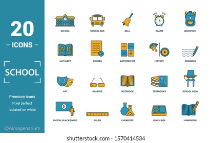 School icon set. Include creative elements school, bell, alphabet, history, art icons. Can be used for report, presentation, diagram, web design.