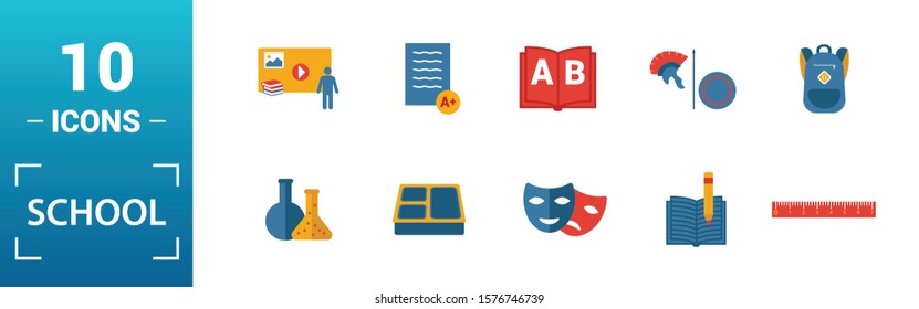 School icon set. Include creative elements school, bell, alphabet, history, art icons. Can be used for report, presentation, diagram, web design.