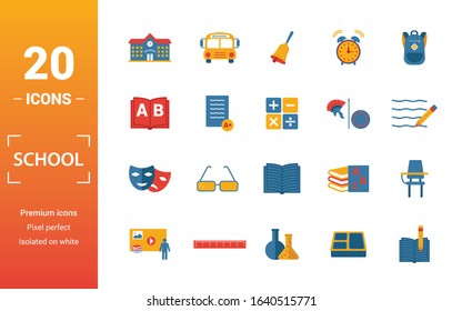 School icon set. Include creative elements school, bell, alphabet, history, art icons. Can be used for report, presentation, diagram, web design.