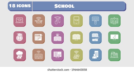 school icon set. included chemistry, study, homework, book, training, learning, microscope, cloud library, exam, ebook icons on white background. linear, filled styles.