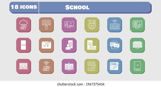 school icon set. included chemistry, study, homework, maths, book, book (2), exam, cloud library, student-smartphone, professor icons on white background. linear, filled styles.