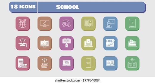 school icon set. included chemistry, homework, learn, book, training, microscope, exam, student-smartphone, professor, student-laptop icons on white background. linear, filled styles.