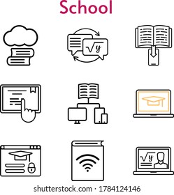 school icon set. included cloud library, audiobook, professor, e-book, student, laptop, homework, touchscreen, login, school icons. linear styles.