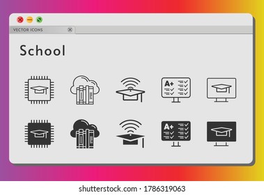 school icon set. included cloud, chip, cap, test icons on white background. linear, filled styles.