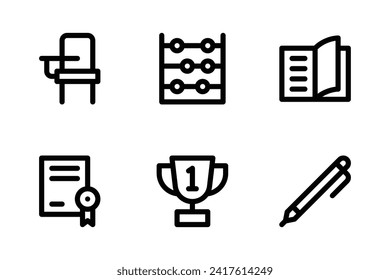 School icon set including chair, abacus, book, certificate, trophy, and pen.