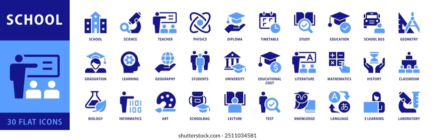 School icon set. Including classroom, students and teacher, School Bus, Study, E Learning, Diploma icons and more. For Education and knowledge Designs. Dual Color Flat Style icons vector collection