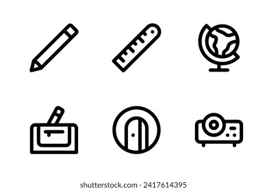 School icon set including pencil, ruler, globe, pencil case, sharpener, and projector.