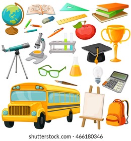 School icon set with isolated pic of bus school supplies and stationery vector illustration