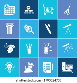 School icon set and marker with archaeology, informatics and webinar. Video conference related school icon vector for web UI logo design.