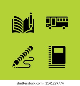 school icon set. With notebook, open book and bus  vector icons for graphic design and web