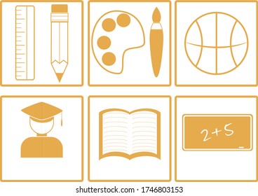 School icon set with orange and white.