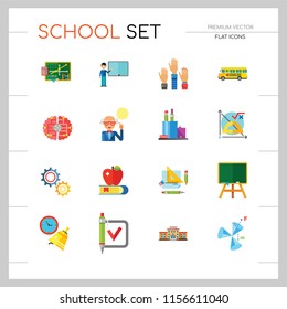 School Icon Set. School Pencil School Bus Pencil Stand Stationery Math Formula Knowledge Vitruvian Man Professor Lesson School Board Teacher Students