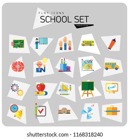 School Icon Set. School Pencil School Bus Pencil Stand Stationery Math Formula Knowledge Vitruvian Man Professor Lesson School Board Teacher Students