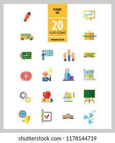 School Icon Set. School Pencil School Bus Pencil Stand Stationery Math Formula Knowledge Vitruvian Man Professor Lesson School Board Teacher Students