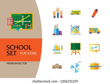School Icon Set. School Pencil School Bus Pencil Stand Stationery Math Formula Knowledge Vitruvian Man Professor Lesson School Board Teacher Students