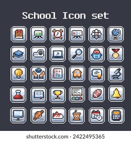 school icon set in pixel art style