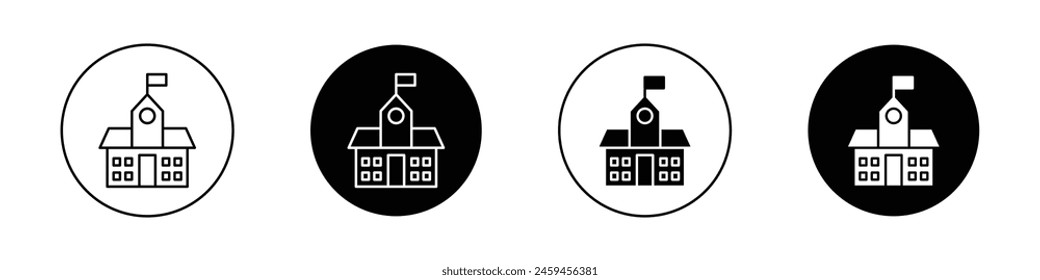 School icon set. public primary or high school vector symbol. college institute building sign. university icon in black filled and outlined style.