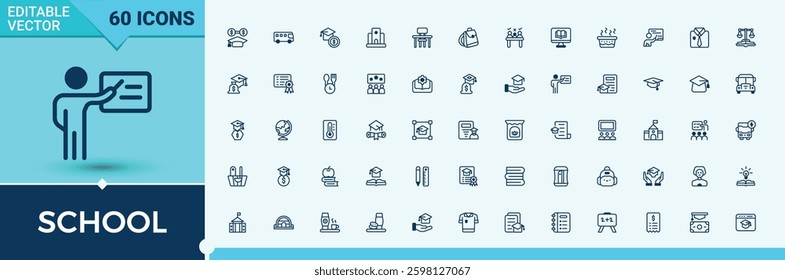 School icon set. Related to paint, student, graduation, learning, college, learn. Outline icon.   Solid line editable stroke. Vector line and solid icons.