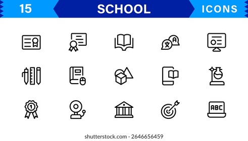 School Icon Set Representing Education, Classroom, Teacher, Student, and Learning in a Simple, Professional, and Marketable Vector Style