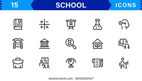 School Icon Set Representing Education, Classroom, Teacher, Student, and Learning in a Simple, Professional, and Marketable Vector Style