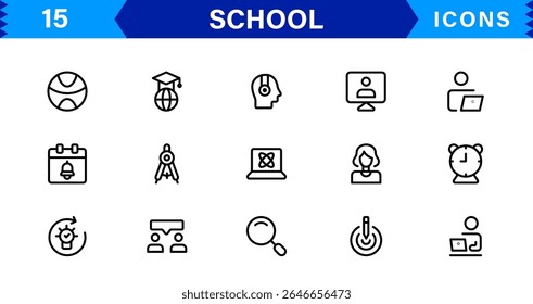 School Icon Set Representing Education, Classroom, Teacher, Student, and Learning in a Simple, Professional, and Marketable Vector Style
