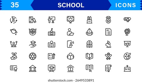 School Icon Set Representing Education, Classroom, Teacher, Student, and Learning in a Simple, Professional, and Marketable Vector Style