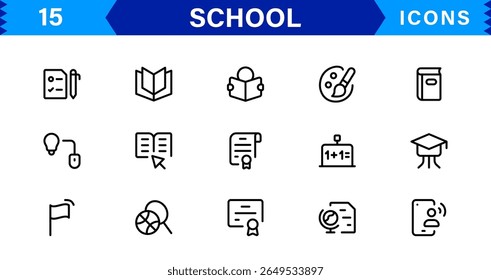 School Icon Set Representing Education, Classroom, Teacher, Student, and Learning in a Simple, Professional, and Marketable Vector Style