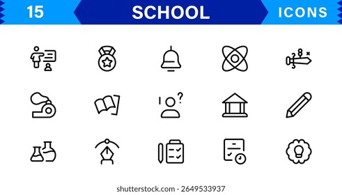 School Icon Set Representing Education, Classroom, Teacher, Student, and Learning in a Simple, Professional, and Marketable Vector Style