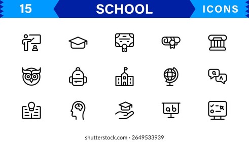 School Icon Set Representing Education, Classroom, Teacher, Student, and Learning in a Simple, Professional, and Marketable Vector Style