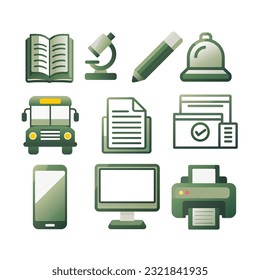 School icon set, stock vector illustration, school bus, bell, smartphone, window list, documents, pencil, monitor, printer, microscope