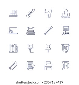 School icon set. Thin line icon. Editable stroke. Containing archive, blackboard, books, clip, cutter, education, glue, idea, measuring tape, paperclip, pencil, presentation, push pin, school desk.