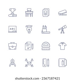 School icon set. Thin line icon. Editable stroke. Containing award, blackboard, briefcase, compass, desk, education, grade, learning, notebooks, pencil case, ruler, school material, stapler.