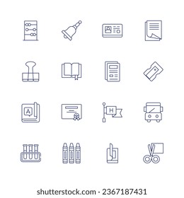 School icon set. Thin line icon. Editable stroke. Containing abacus, bell, binder, book, certificate, chemistry, crayons, driving license, files, high school, magazine, paper, pencil sharpener.