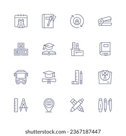 School icon set. Thin line icon. Editable stroke. Containing back to school, block, bus, compass, diary, education, graduate, library, online learning, pencil case, ruler, school supplies, stapler.