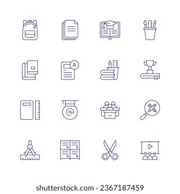 School icon set. Thin line icon. Editable stroke. Containing backpack, book, calculator, compass, documents, exam, graduation, lockers, open book, pencil case, school, scissors, stationery, students.