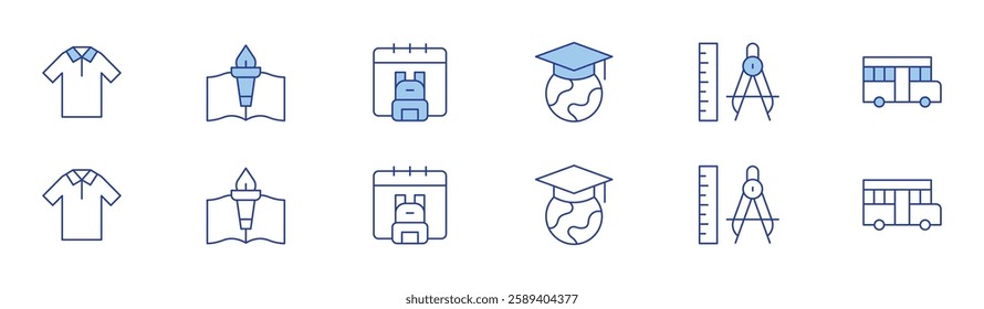 School icon set in two styles, Duotone and Thin Line style. Editable stroke. uniform, back to school, compass, book, global education, school bus.