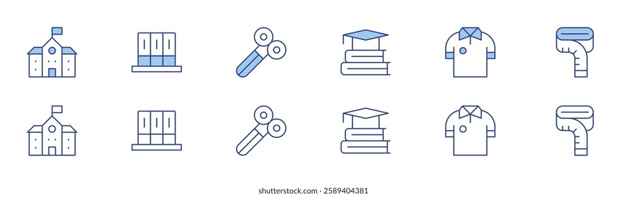 School icon set in two styles, Duotone and Thin Line style. Editable stroke. school, scissors, uniform, archive, education, measuring tape.