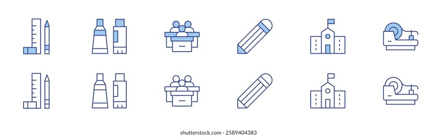 School icon set in two styles, Duotone and Thin Line style. Editable stroke. ruler, school, glue, pencil, tape.