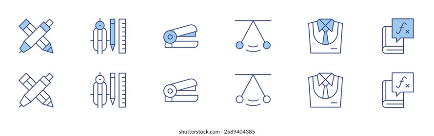 School icon set in two styles, Duotone and Thin Line style. Editable stroke. school supplies, stapler, uniform, edit tools, pendulum, maths.