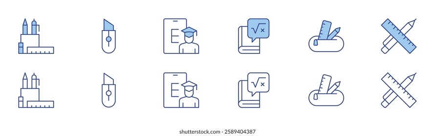 School icon set in two styles, Duotone and Thin Line style. Editable stroke. pencil case, graduation, cutter, maths, pen.