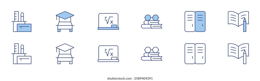 School icon set in two styles, Duotone and Thin Line style. Editable stroke. pencil case, board, locker, driving school, glasses, homework.