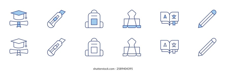 School icon set in two styles, Duotone and Thin Line style. Editable stroke. graduate, backpack, translate, cutter, paperclip, pencil.