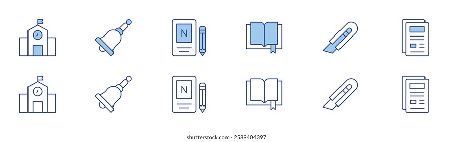 School icon set in two styles, Duotone and Thin Line style. Editable stroke. kindergarten, notebook, utility knife, bell, book, files.